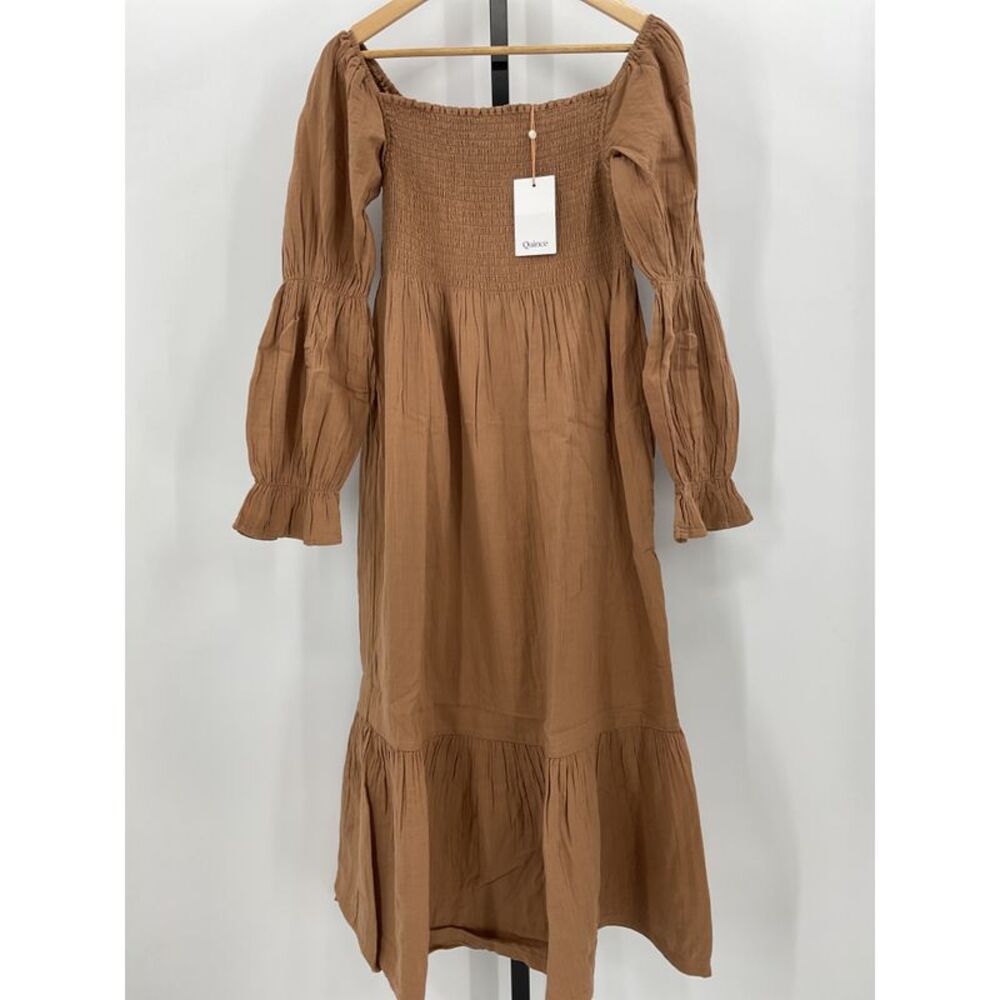 Quince Cotton Gauze Maternity Smocked Ruffle Hem Midi Dress Coconut Brown S